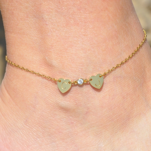 Beach Wedding Anklet, Personalized Two Custom Initial and CZ Diamond Ankle Bracelet, Heart Anklet, Initial Anklet, Jewelry Gift for Her