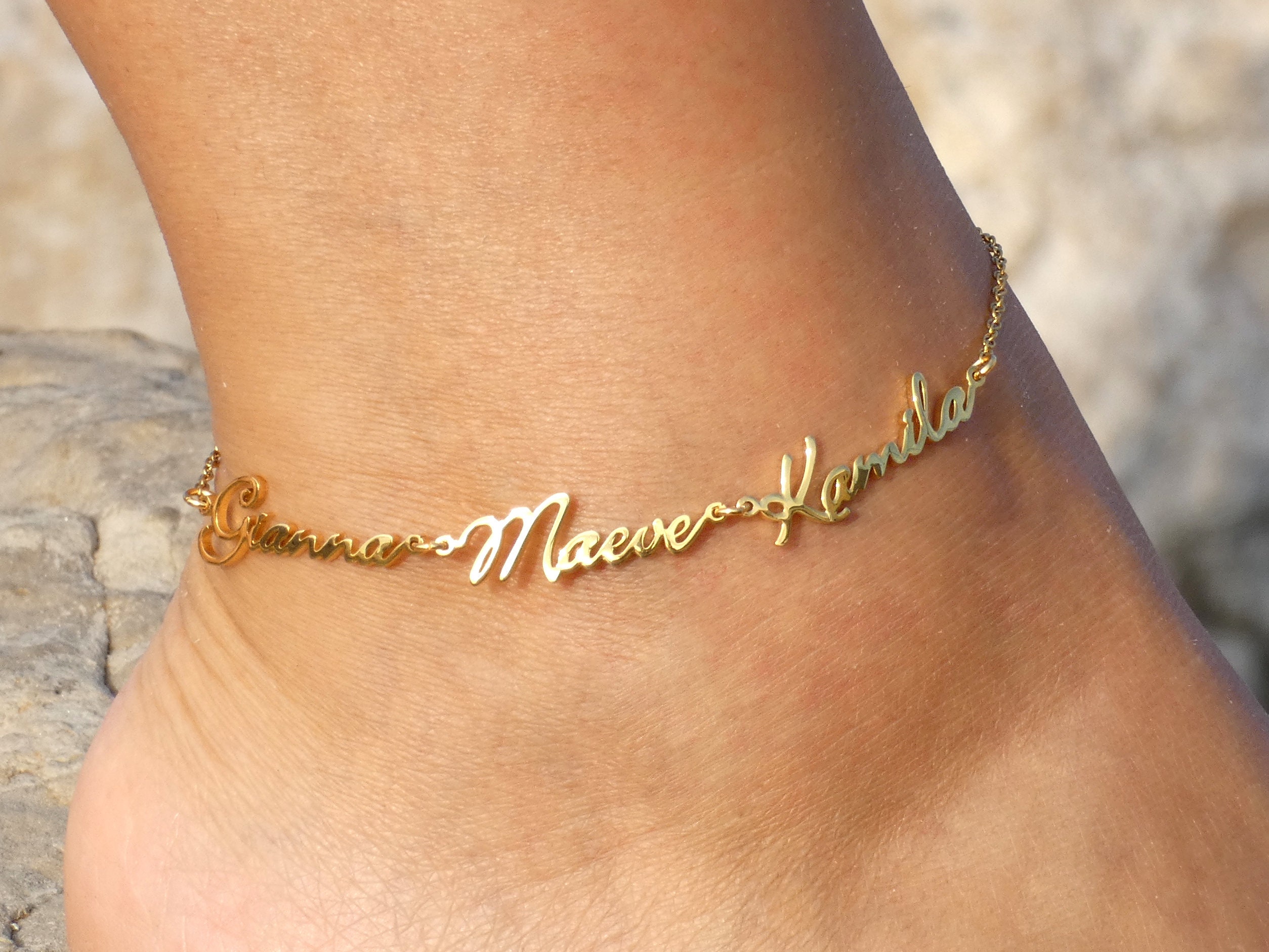 Multiple Name Anklet in Sterling Silver Gold or Rose Gold by