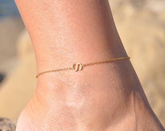 Sideways Letter Name Anklet by SeaSide Motifs in Gold Silver or Rose Gold | Personalize Your Initial Name Ankle Bracelet for a Perfect Gift