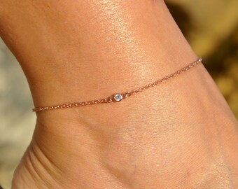 Delicate Diamond Anklet in Rose Gold Silver or Gold by SeaSideMotifs | Personalize Your Tiny CZ Diamond Ankle Bracelet as a Perfect Gift