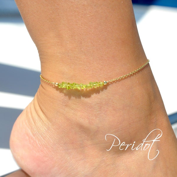 Beaded Peridot Anklet | Personalized Peridot Jewelry, Bead Bar Lime Green Peridot Anklet by Sea Side Motifs in Gold Silver or Rose Gold