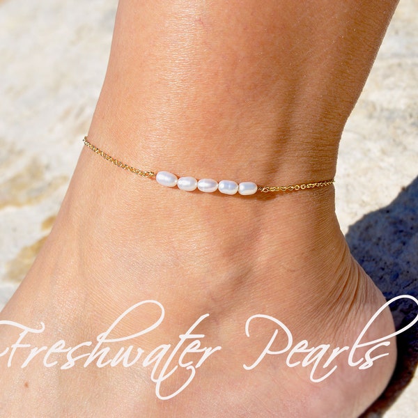 Freshwater Pearl Bar Anklet | Minimalist Tiny Oval Pearl Anklet, Natural Pearl Anklet in Gold Filled, Sterling Silver, Rose Gold Fill