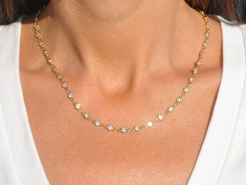 Tiny Diamond Link Chain Necklace Personalized Gold CZ Etsy