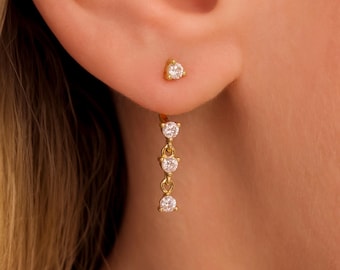 Pendientes colgantes de circonita cúbica • Pendientes tipo ear jacket en plata de ley o vermeil de oro de 18 quilates • Pendientes ajustables