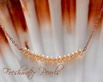 Rose Gold Freshwater Pearl Necklace | Bead Bar Pearl Necklace, Rose Gold Necklace, June Birthday Necklace, June Birthstone Gift for Her