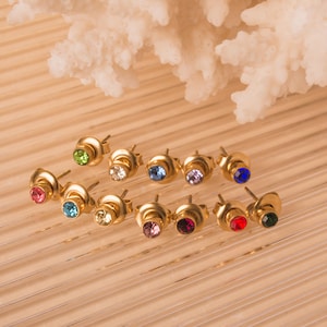 Dainty Birthstone Earrings • Minimalist CZ Stud Earrings in Stainless Steel • Best Jewelry Birthday Gift for Her • 12 Colors Available