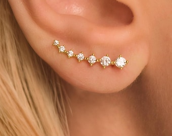 Climber Earrings • Ear Crawlers with Dainty CZ Diamonds • 18K Gold Vermeil or Sterling Silver • Delicate Bridal Earrings