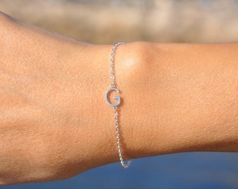 Silver Initial Bracelet, Sideways Letter Bracelet, Personalized Custom Initial Bracelet, Dainty Initial Bracelet, Jewelry Gift for Her