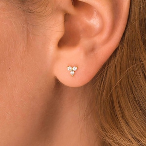 3 Leaf Clover Stud Earrings • Dainty CZ Flower Studs in 18K Gold Sterling Silver • Cartilage • Helix • Conch • Tragus • Daith Studs