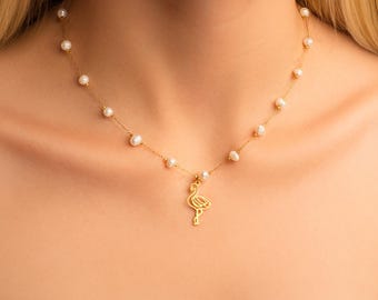 Flamingo Pendant Necklace • Stainless Steel, Freshwater Pearl Chain