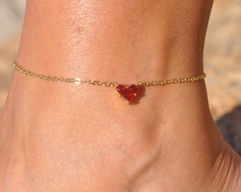 Red Heart Anklet - Gold Red Heart Anklet - Personalized Heart Anklet - Ankle Bracelet with Red Heart and Custom Initial