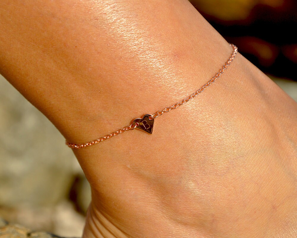 Heart Initial Anklet Rose Gold Silver Gold Heart Anklet Etsy