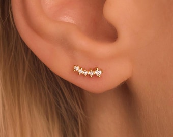 Dainty Climber Earrings • Minimalist 5 CZ Diamonds Climber Stud Earrings • 18K Gold Vermeil or Sterling Silver • Tiny Bridal Earrings