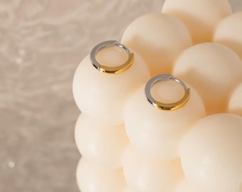 Silver Gold Earrings, Mixed Metal 2 Tone Huggie Hoops in Sterling Silver, Water and Tarnish Resistant, SEASIDE MOTIFS