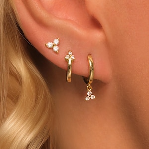 Dainty Flower Earring Set • Drop Clover Hoops, Huggie Hoops and Studs Stackable Earrings in 18K Gold Vermeil Sterling Silver • Sold in Pairs