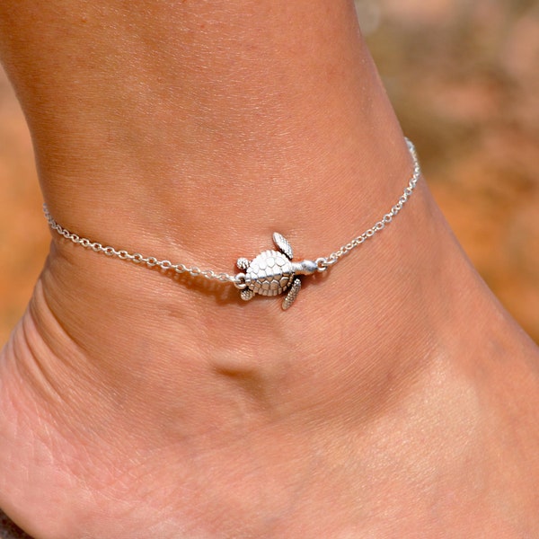 Silver Turtle Anklet Bracelet | Turtle Foot Jewelry | Sea Turtle Ankle Bracelet | Sea Life Jewelry | Tropical Anklet | Beach Accessories