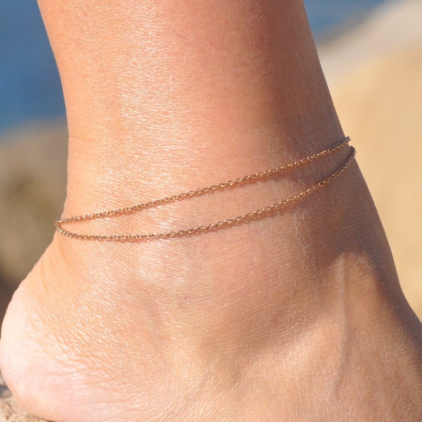 Layered Anklet | Personalized Layering Rose Gold, Gold, Silver Chain Ankle Bracelet with Custom Initial, Simple & Plain Thin Chain Anklet