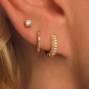 Dainty Pave Earring Set • Pave Hoops, Huggie Hoops and Studs Everyday Stackable Earrings in 18K Gold Vermeil Sterling Silver • Sold in Pairs