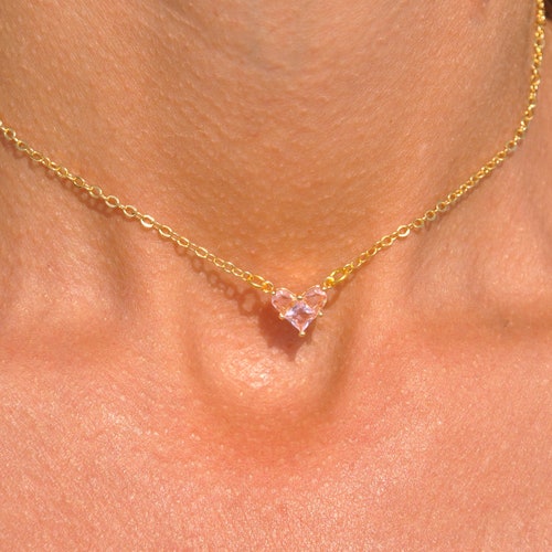 Pink Heart Choker Elegant CZ Heart Choker Necklace Pink and Etsy