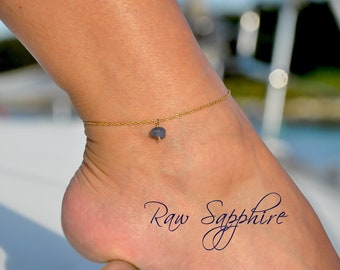 Raw Sapphire Drop Anklet - Gold Fill Sapphire Anklet - Personalized Sapphire Anklet - Natural Sapphire Anklet - Ankle Bracelet with Sapphire