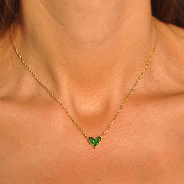 Green Heart Necklace | Gold and Green Heart Necklace, CZ Heart Necklace, Gold Necklace with Green Cubic Zirconia Heart