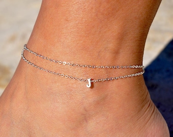 Sterling Silver Initial Anklet | Dual Chain Custom Letter Ankle Bracelet, Personalized Layered Anklet, Beach Jewelry, Anklet with Initial