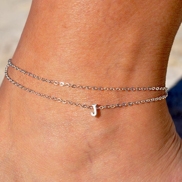 Sterling Silver Initial Anklet | Dual Chain Custom Letter Ankle Bracelet, Personalized Layered Anklet, Beach Jewelry, Anklet with Initial