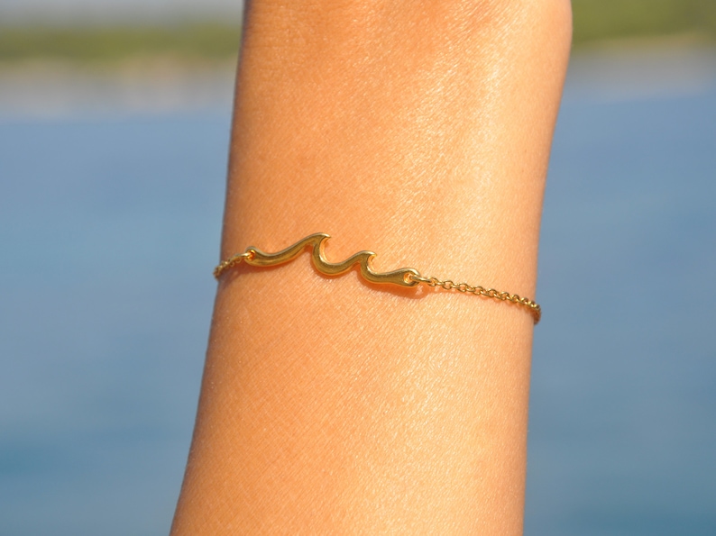 Surfer Bracelet, Personalized Gold or Silver Ocean Wave Bracelet, Beach Bracelet, Sea Waves Bracelet, Surf Jewelry, Surfer Gift for Girl image 1