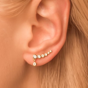 Dangle CZ Dots Climber Earrings • Ear Crawler with Dainty CZ Circles • Gold Vermeil or Sterling Silver • Delicate Bridal Earrings