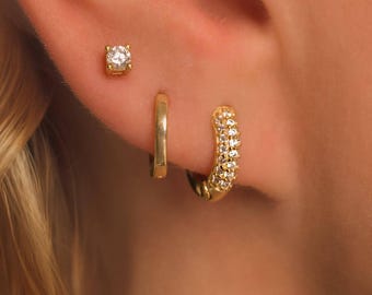 Dainty Pave Earring Set • 18K Gold Vermeil Hoops, Huggies, Studs