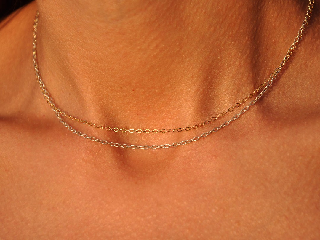 Silver and Gold Necklace Short Chain Choker Necklace, Dainty Layering