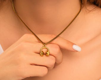 Gift for Music Lover • Personalized Headphones Charm Necklace in Gold, Silver PVD Stainless Steel
