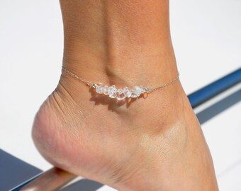 Beaded Clear Quartz Anklet | Raw Clear Quartz Bead Bar Ankle Bracelet for Women, Gemstone Crystal Anklet, April Birthstone Gift for Her