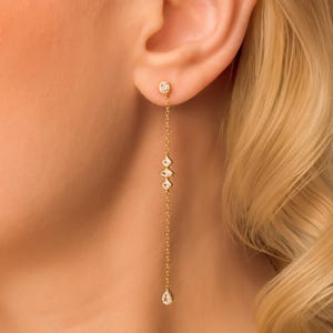 Long Diamond Earrings, Dangle Earrings, Dangle Diamond Earrings in Solid Sterling Silver, Everyday Minimal Chain and Diamonds Earrings