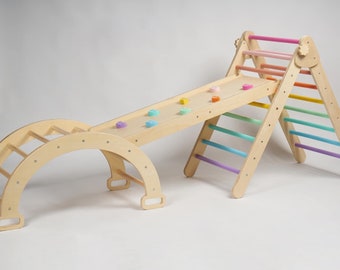 Ships Same Day! Foldable Wooden Triangle with Wooden Slide/Rock Wall and Arch