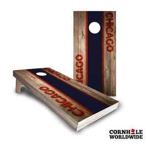 Board Game Outdoor Cornhole Set, Middle Stripe Stained Wood Chicago Themed Lawn Yard Game with Bags