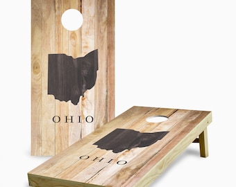 State Silhouette and State Name with Bags Cornhole Set - Family EST - Custom Cornhole Set - Outdoor Lawn Game - State Pride - Ohio