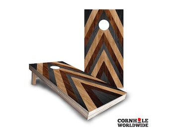 Cornhole Wood Board Lawn Game, Personalized Multi-Tone Chevron Cornhole Outdoor Game Set with Bags