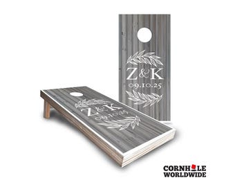 Wedding Corn Hole Boards Game Set – Gray Wooden Custom Initial And Date Cornhole Game With Bean Bags