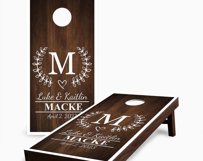 Personalized Stained Olive Branch First and Last Name and Date with Bags Cornhole Set - Family EST - Custom Cornhole Set - Outdoor Lawn Game