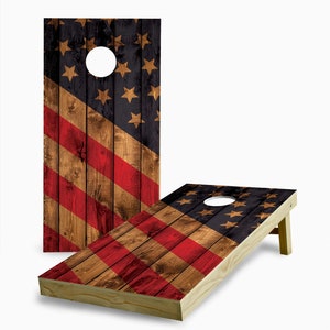 Stained Two-Tone American Flag with Bags Cornhole Set - Custom Cornhole Set - Outdoor Lawn Game - America - Rustic - Gift - Stained - Pride