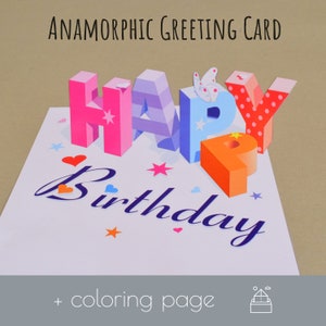 Optische illusie - Happy Birthday wenskaart, kleurplaten, 3D-kunst, digitale wenskaart, kleurplaten voor volwassenen, INSTANT DOWNLOAD