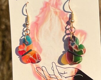 Rainbow Butterfly Crackle Earrings | dangly hypoallergenic nickel-free and lead-free polymer clay earrings