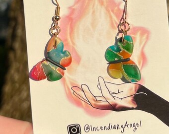 Rainbow Butterfly Crackle Earrings | dangly hypoallergenic nickel-free and lead-free polymer clay earrings