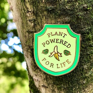 Plant-Powered Enamel Pin | gold-plated merit badge pin, vegan enamel pin, vegan lapel pin, vegan flair, vegetarian enamel pin, plant-based