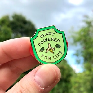 Plant-Powered Enamel Pin | gold-plated merit badge pin, vegan enamel pin, vegan lapel pin, vegan flair, vegetarian enamel pin, plant-based