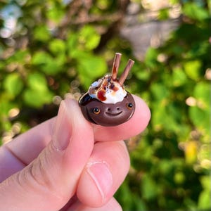 May include: A miniature, smiling, brown dessert figurine with a whipped cream topping, chocolate sauce, and two chocolate stick accents. The figurine has small, round eyes and a happy expression. The background is blurred green foliage.