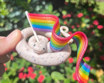 Shimmery Pride Flag Snake! (rose body) | Polymer Clay Snake Sculpture