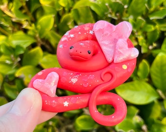 Valentine's Snake - glitter-dusted red body with pink crystal hearts | Polymer Clay Snake Sculpture