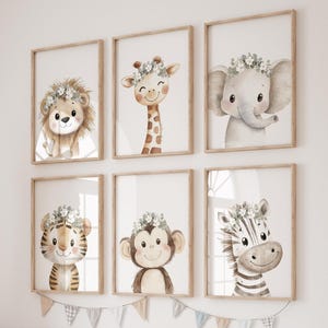 Floral Crown Safari Animal Wall Art Set of 6 – Nursery Jungle Prints with Lion, Giraffe, Elephant, Zebra, Tiger & Monkey – Neutral Decor